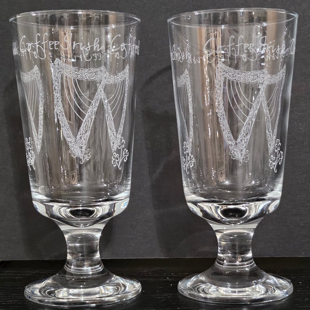Eamon Irish Coffee Glass Set Pair Stemmed Etched Harp Shamrock Hand Etched